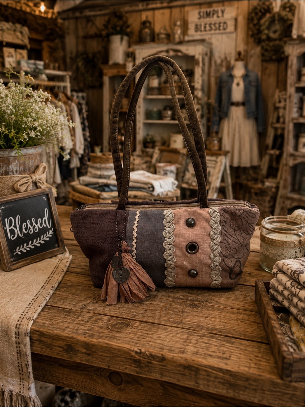 Patchwork Tassel Shoulder Bag in Brown and Pink